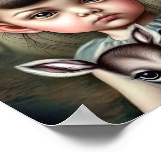 Ein junges Mädchen, das ein Hirsch in den Armen hä Poster (Ecke)