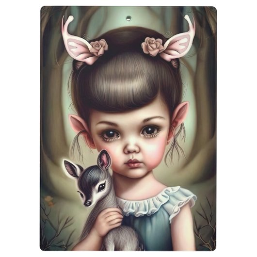 Ein junges Mädchen, das ein Reh hält Klemmbrett (Rückseite)