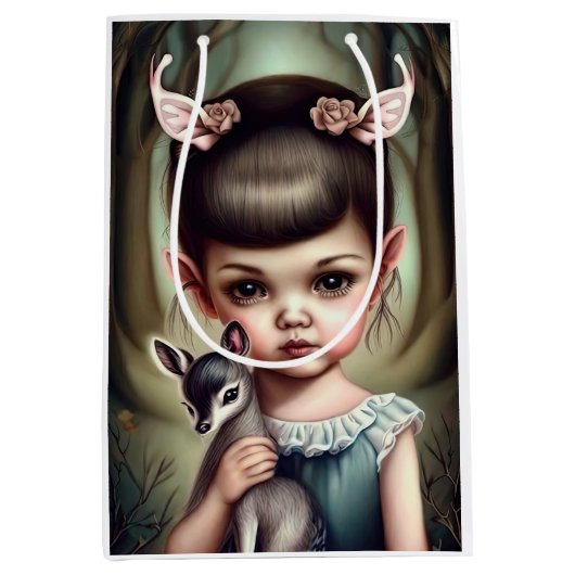 Ein junges Mädchen, das ein Reh hält Mittlere Geschenktüte (Vorderseite)