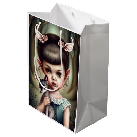 Ein junges Mädchen, das ein Reh hält Mittlere Geschenktüte (Rückseite Schrägansicht)