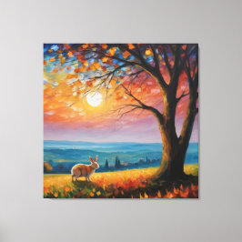 ein Kaninchen auf einem Feld mit Baum und Sonnenun Leinwanddruck