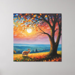 ein Kaninchen auf einem Feld mit Baum und Sonnenun Leinwanddruck