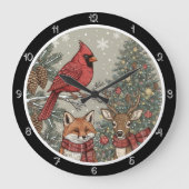 Ein Kardinal, der auf einem Kiefernfisch und Hirsc Große Wanduhr (Vorderseite)