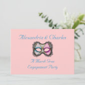"Ein Karneval-Verlobungs-Party-" blaue/rosa Maske Einladung (Stehend Vorderseite)