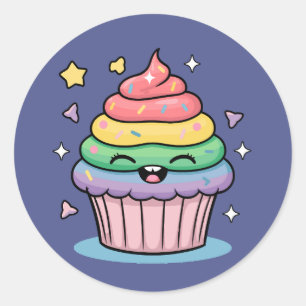 Ein Kawaii-Giggling-Kuchen mit Regenbogen-Zuckergu Runder Aufkleber