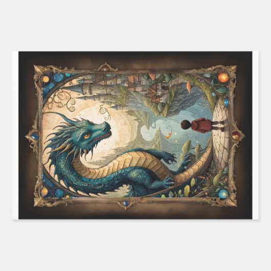 Ein Kind und Drachen in einer Fantasiewelt Geschenkpapier Set (Vorderseite 3)