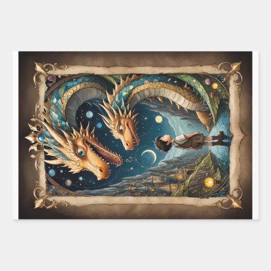 Ein Kind und Drachen in einer Fantasiewelt Geschenkpapier Set (Vorderseite 2)