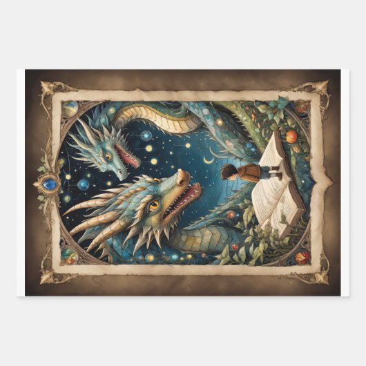 Ein Kind und Drachen in einer Fantasiewelt Geschenkpapier Set (Vorderseite)
