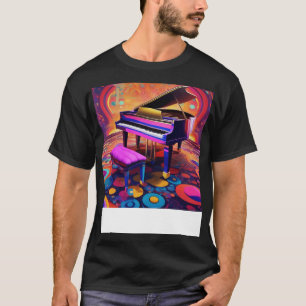 Ein Klavier mit einem farbenfrohen und psychedelis T-Shirt
