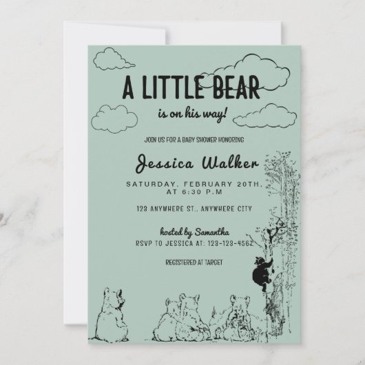 Ein kleiner Bär ist auf dem Weg zu einer Baby-Dusc Einladung (Vorderseite)