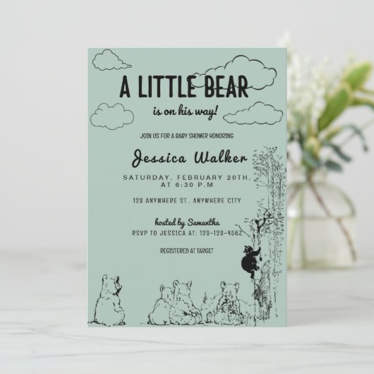 Ein kleiner Bär ist auf dem Weg zu einer Baby-Dusc Einladung (Stehend Vorderseite)