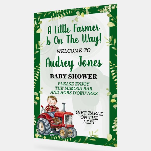 Ein kleiner Bauer ist auf dem Weg zur Babydusche Acrylschild (Winkel)