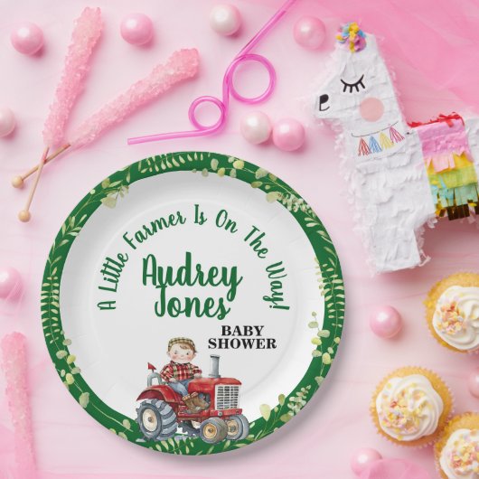 Ein kleiner Bauer ist auf dem Weg zur Babydusche Pappteller (Party)