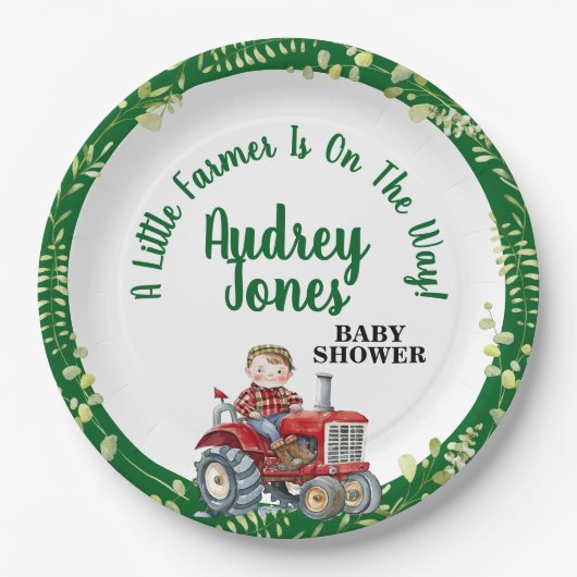Ein kleiner Bauer ist auf dem Weg zur Babydusche Pappteller (Vorderseite)