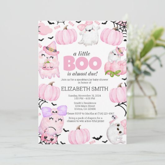 Ein kleiner Boo ist fast fällig! Halloween-Kinderd Einladung (Stehend Vorderseite)