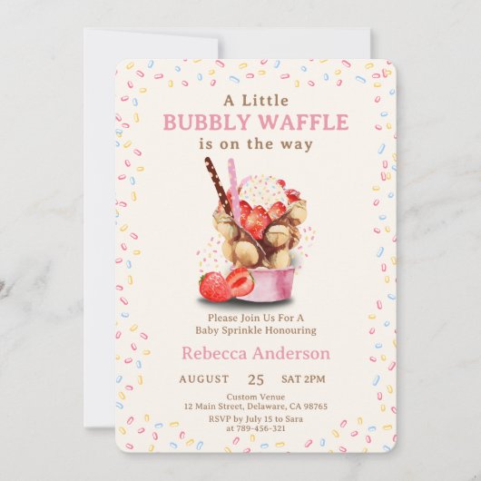 Ein kleiner Bubbly Waffel ist auf dem Weg zur Baby Einladung (Vorderseite)