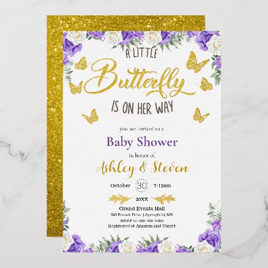 Ein kleiner Butterfly ist auf dem Weg Baby Dusche Folieneinladung (Vorderseite/Rückseite)