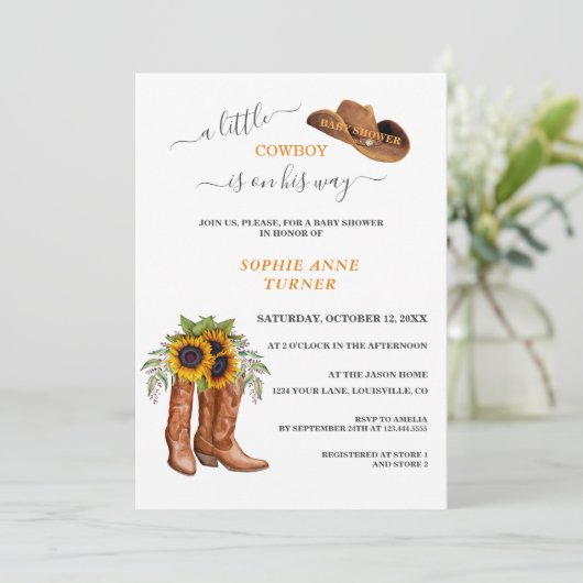 Ein kleiner Cowboy Boots Boy Calligraphy Baby Show Einladung (Stehend Vorderseite)