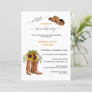 Ein kleiner Cowboy Boots Boy Calligraphy Baby Show Einladung