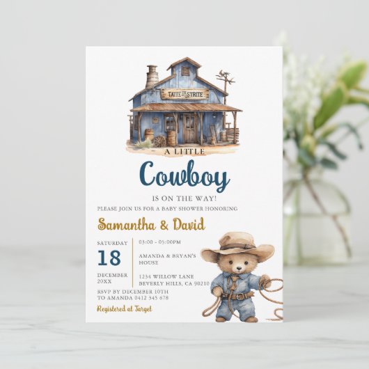 Ein kleiner Cowboy ist auf dem Way Baby Shower Wes Einladung (Stehend Vorderseite)