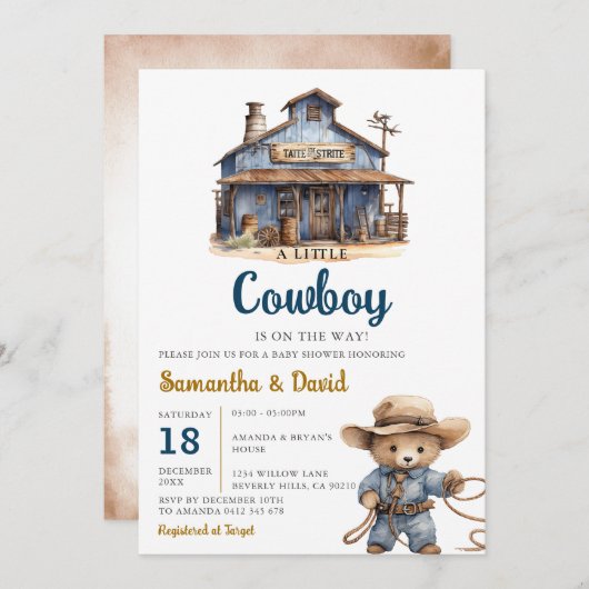 Ein kleiner Cowboy ist auf dem Way Baby Shower Wes Einladung (Vorne/Hinten)