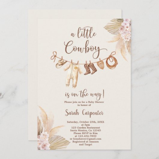 Ein kleiner Cowboy ist auf dem Weg Baby Shower Boy Einladung (Vorne/Hinten)