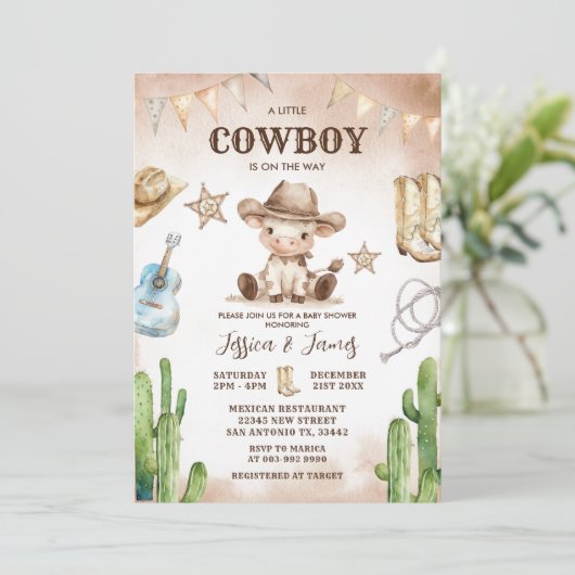 Ein kleiner Cowboy ist auf der Way Baby Dusche Einladung (Stehend Vorderseite)