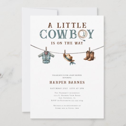 Ein kleiner Cowboy ist auf der Way Boy Baby Dusche Einladung (Vorderseite)