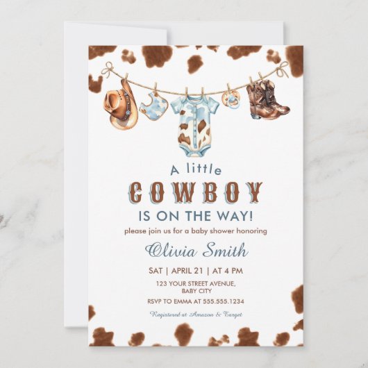 Ein kleiner Cowboy-Western Clothesline-Babydusche Einladung (Vorderseite)