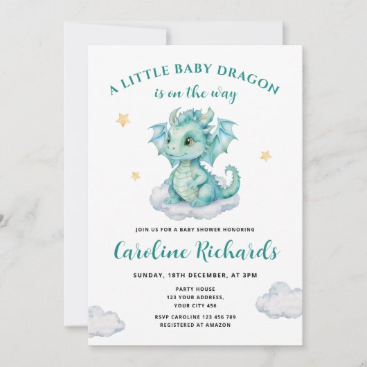 Ein kleiner Drache ist auf dem Weg Babydusche Einladung (Vorderseite)