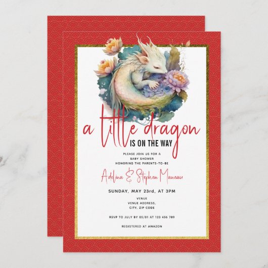 Ein kleiner Drache ist unterwegs mit einer Red Bab Einladung (Vorne/Hinten)