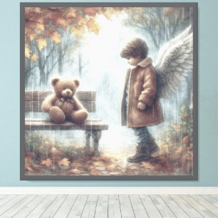 Ein kleiner Engeljunge und Teddybär Leinwanddruck