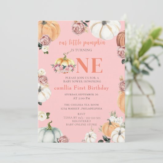 Ein kleiner Fall Pumpkins Wasserfarbe Mädchen 1. G Einladung (Stehend Vorderseite)