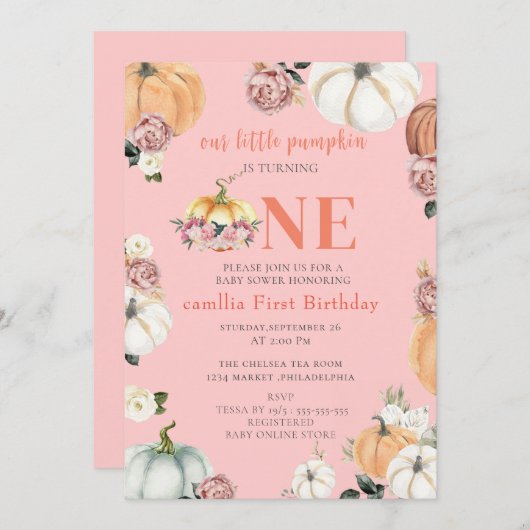 Ein kleiner Fall Pumpkins Wasserfarbe Mädchen 1. G Einladung (Vorne/Hinten)