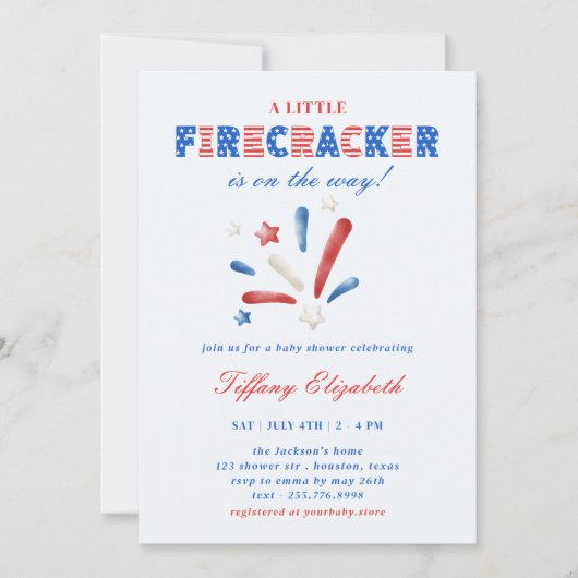 Ein kleiner Firecracker 4. Juli Baby Dusche Einladung (Vorderseite)