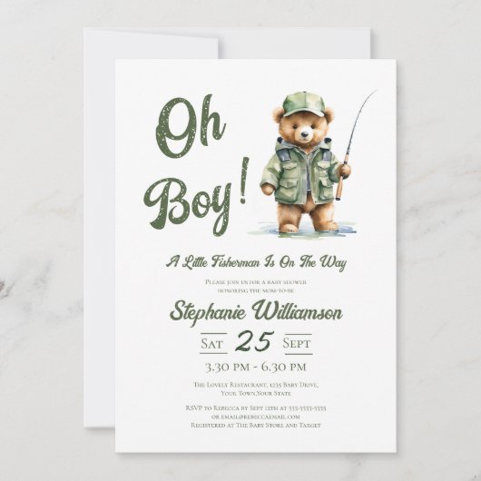 Ein kleiner Fischer ist unterwegs mit einer Baby-D Einladung (Vorderseite)