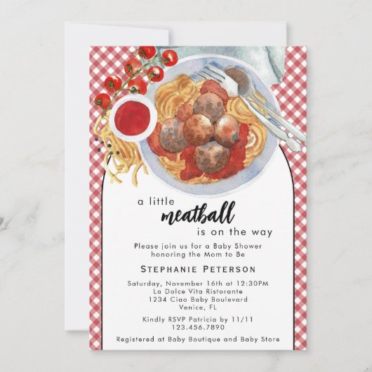 Ein kleiner Fleischball ist unterwegs mit einer Re Einladung (Vorderseite)