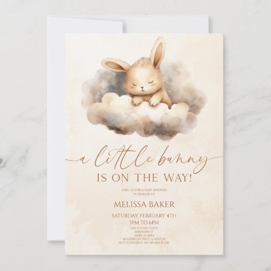 Ein kleiner Hase ist unterwegs! Clouds Babydusche Einladung (Vorderseite)