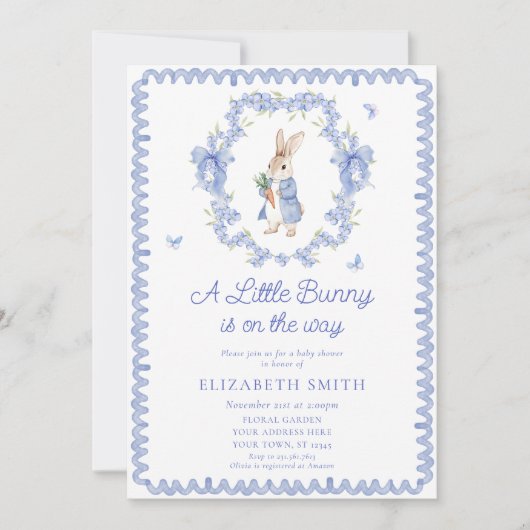 Ein kleiner Hase ist unterwegs mit Baby-Dusche Einladung (Vorderseite)