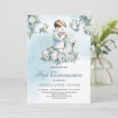 Ein kleiner Junge betet Formal blaues Kleid Einladung (Stehend Vorderseite)