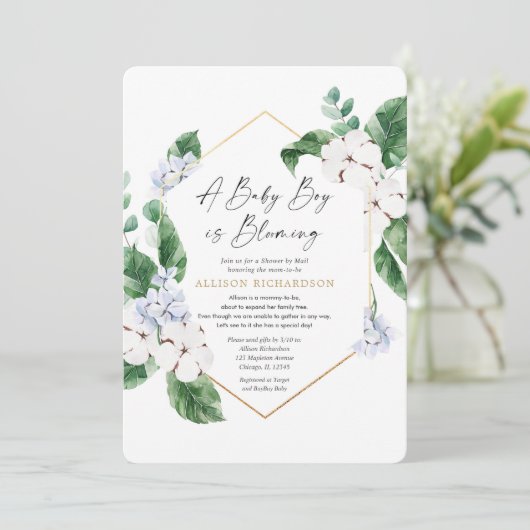 Ein kleiner Junge blüht Dusche von Mail blauer Blu Einladung (Stehend Vorderseite)