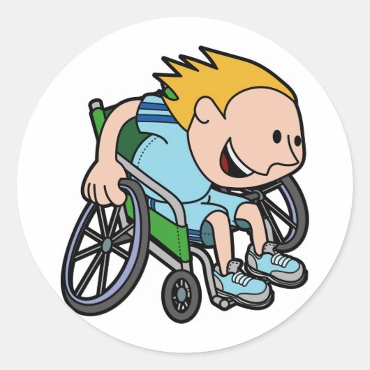 Ein kleiner Junge rennt im Rollstuhl Runder Aufkleber (Vorderseite)