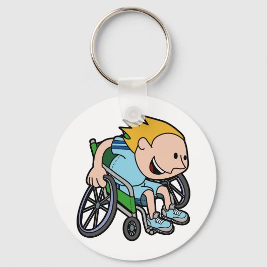 Ein kleiner Junge rennt im Rollstuhl Schlüsselanhänger (Vorderseite)