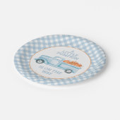 Ein kleiner Kürbis auf dem Weg der blauen LKW-Baby Pappteller (Schrägansicht)