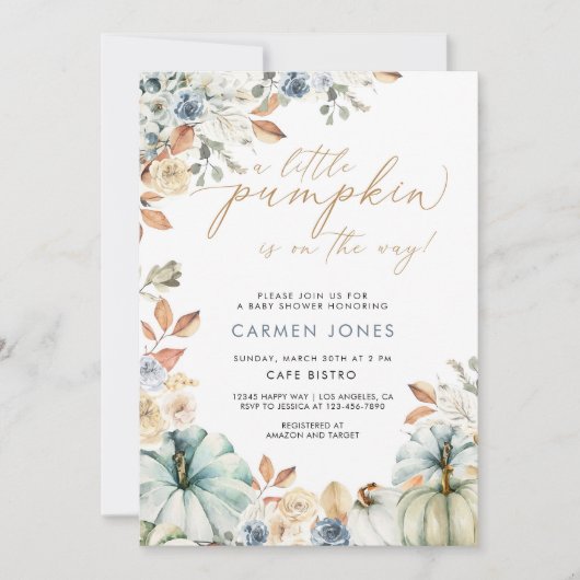 Ein kleiner Kürbis auf dem Weg zur Kinderdusche Einladung (Vorderseite)