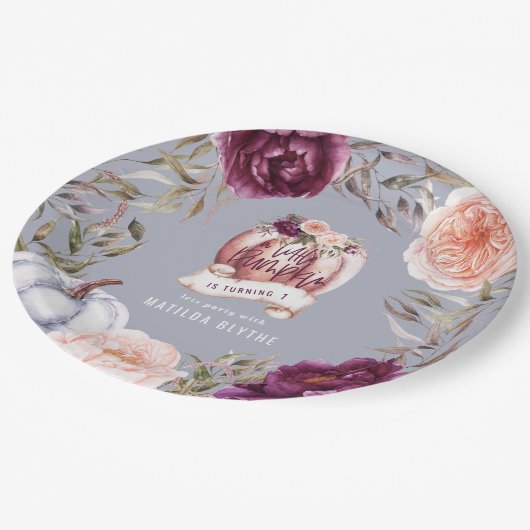 Ein kleiner Kürbis, blumengeschmückt Herbst 1. Geb Pappteller (Schrägansicht)