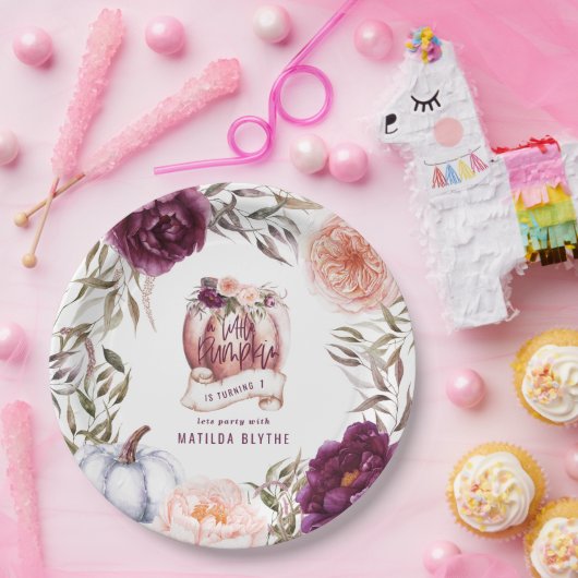 Ein kleiner Kürbis, blumengeschmückt Herbst 1. Geb Pappteller (Party)