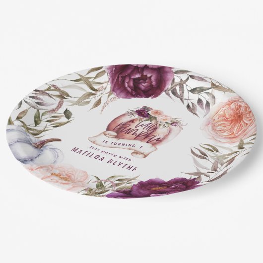 Ein kleiner Kürbis, blumengeschmückt Herbst 1. Geb Pappteller (Schrägansicht)