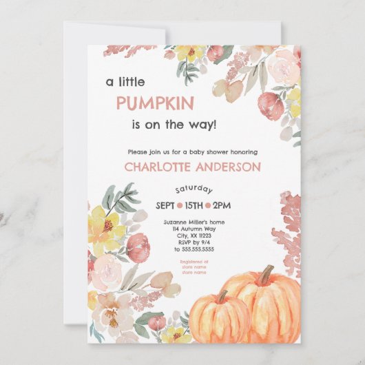 Ein kleiner Kürbis ist auf dem Weg, auf dem Mädche Einladung (Vorderseite)