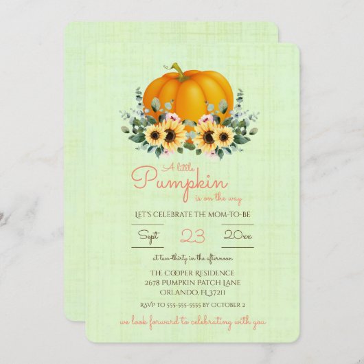 Ein kleiner Kürbis ist auf dem Weg Baby Shower Inv Einladung (Vorne/Hinten)